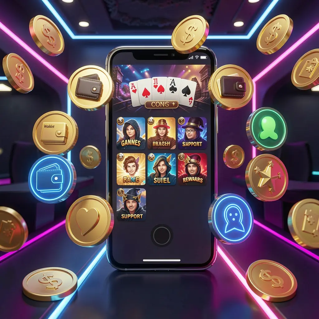 Luxury 3D render of MY9988 online casino app on a smartphone surrounded by icons for wallet, games, support, and rewards with golden coins and neon lights