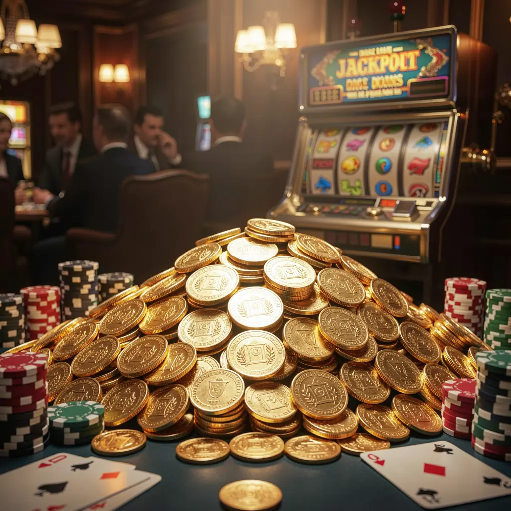 MY9988 jackpot bonus scene featuring a huge pile of golden coins, a slot machine in the background, poker chips, and playing cards under cinematic luxury lighting