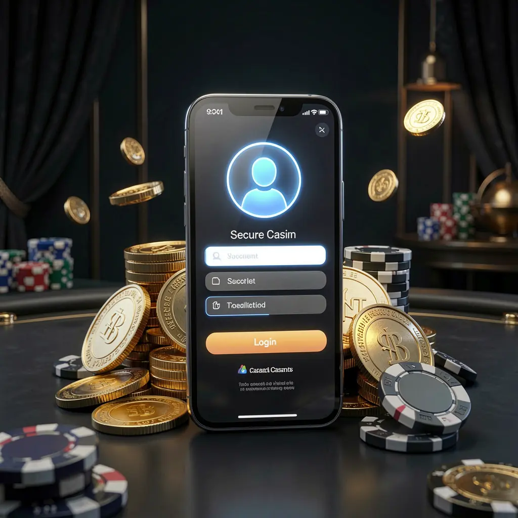 MY9988 online casino login page hero banner featuring a modern smartphone displaying a secure login screen with a glowing user profile icon, surrounded by golden coins and poker chips against a dark luxury background
