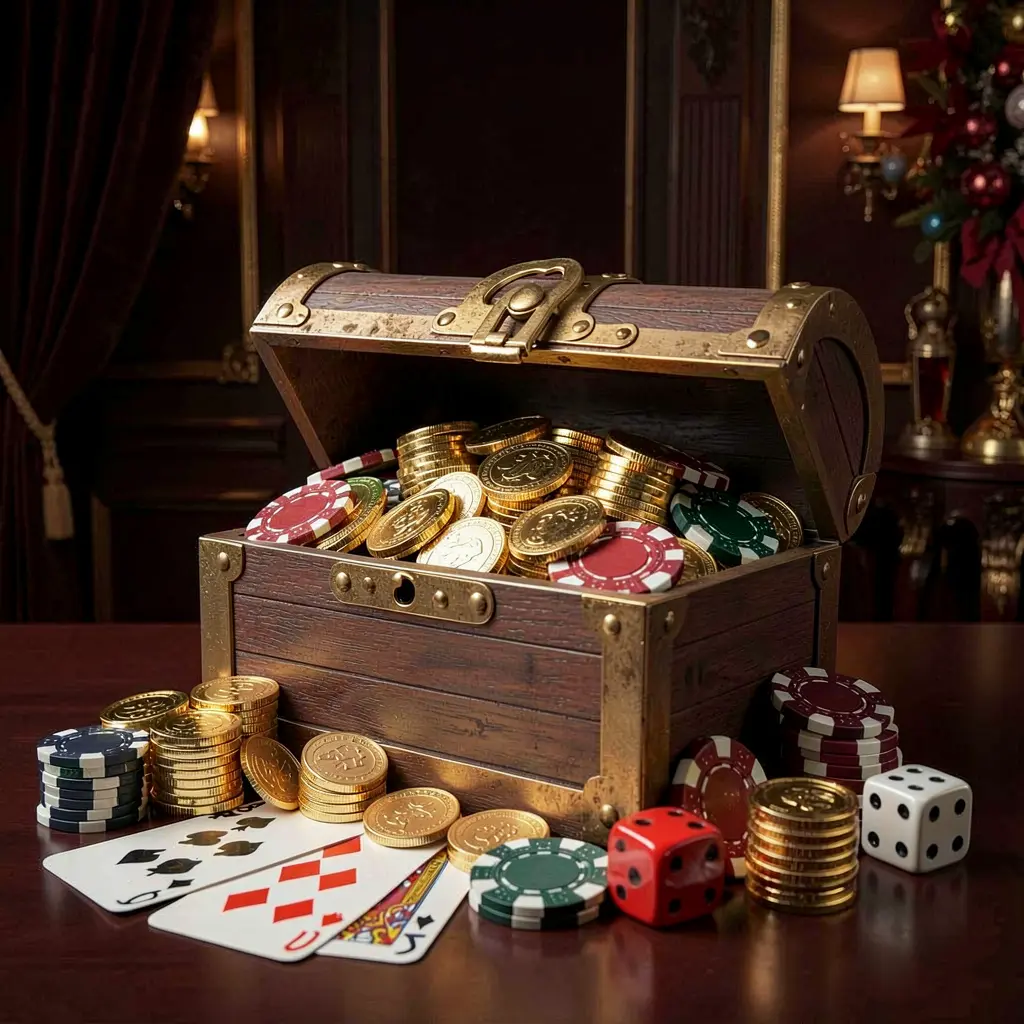 MY9988 online casino welcome banner featuring a treasure chest filled with golden coins and casino chips, playing cards and dice nearby against a dark luxury background with a festive premium atmosphere